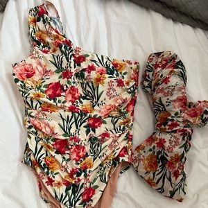 JCrew floral ruched swimsuit and sarong